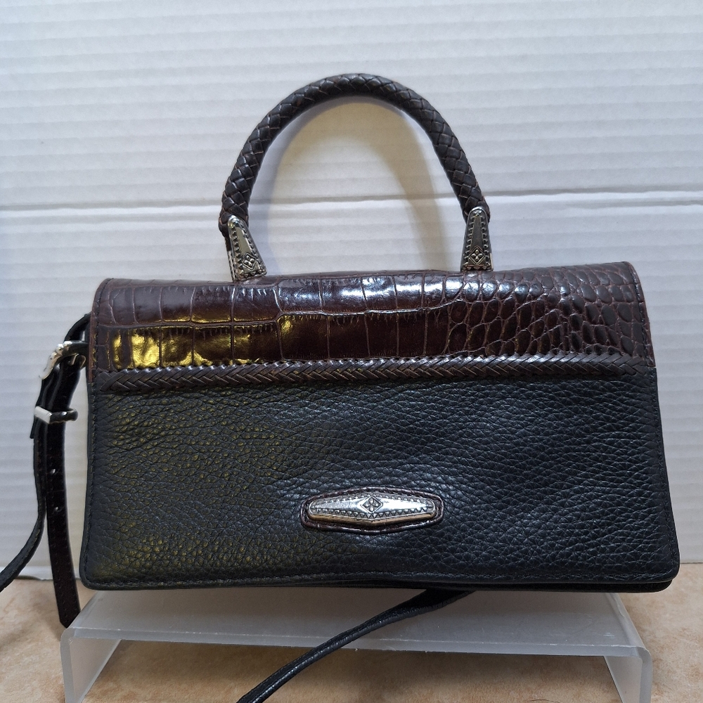 Brighton" 15 pocket organizer purse gen. blk&brn. leather Silver-plate hardware
